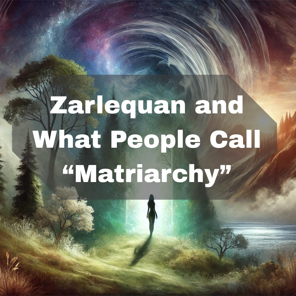 a fantasy scene with a portal and a shadow woman walking into the portal with the words ”Zarlequan and What People Call “Matriarchy”" on top